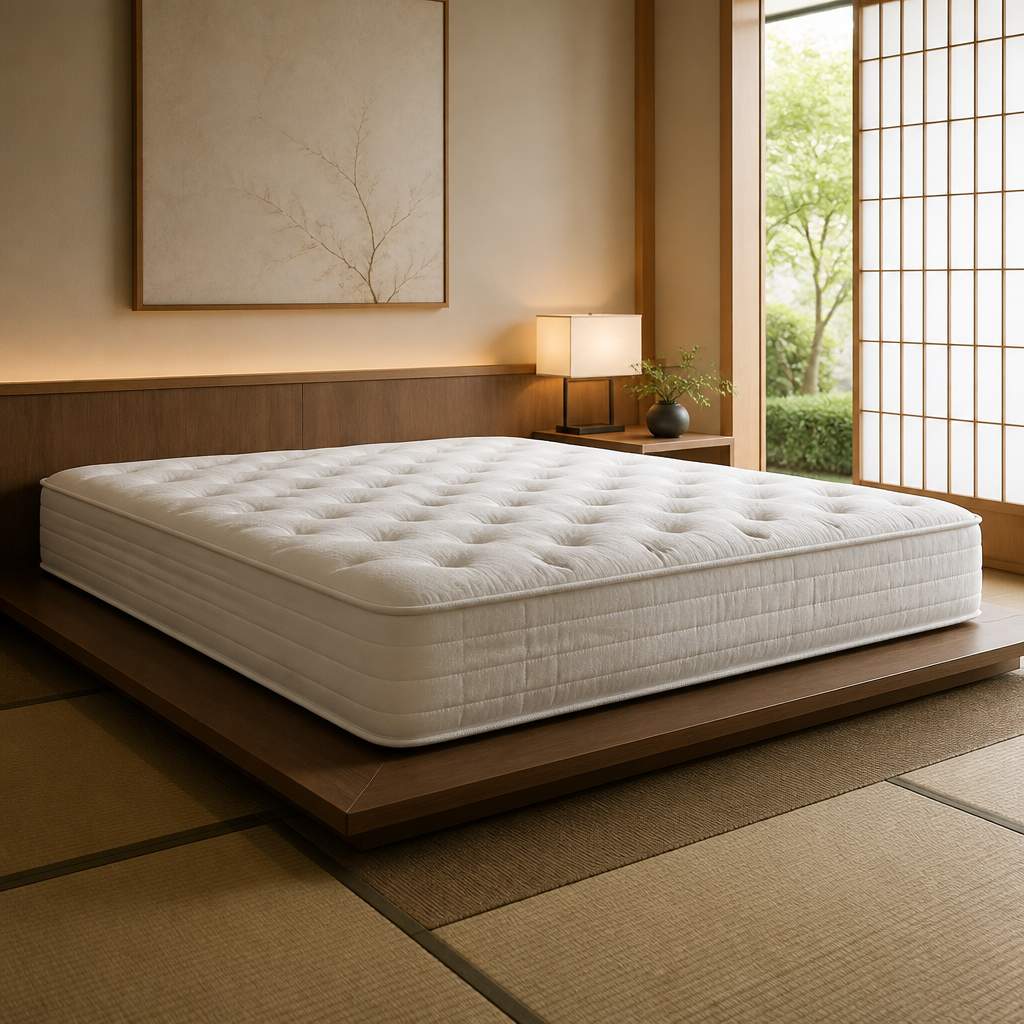 厚みのある高反発マットレスと朝の寝室
