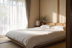 朝の自然光が差し込む寝室と無地のマットレス
