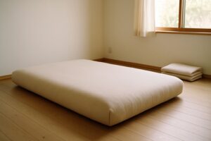 フローリングに直置きした厚手マットレスのある明るい朝の寝室