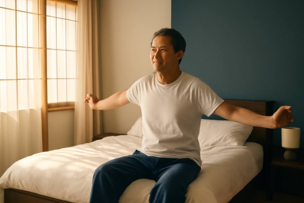 朝の寝室でベッドの端に座り体を伸ばす男性