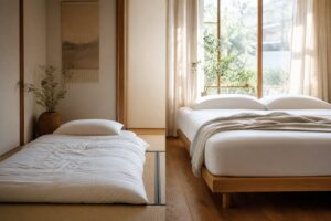 和室に敷いた布団とベッドのマットレスを並べて見比べる、朝の明るい寝室のイメージ