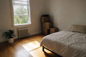 引っ越し後の朝日が差し込む寝室の空いた床とダンボール