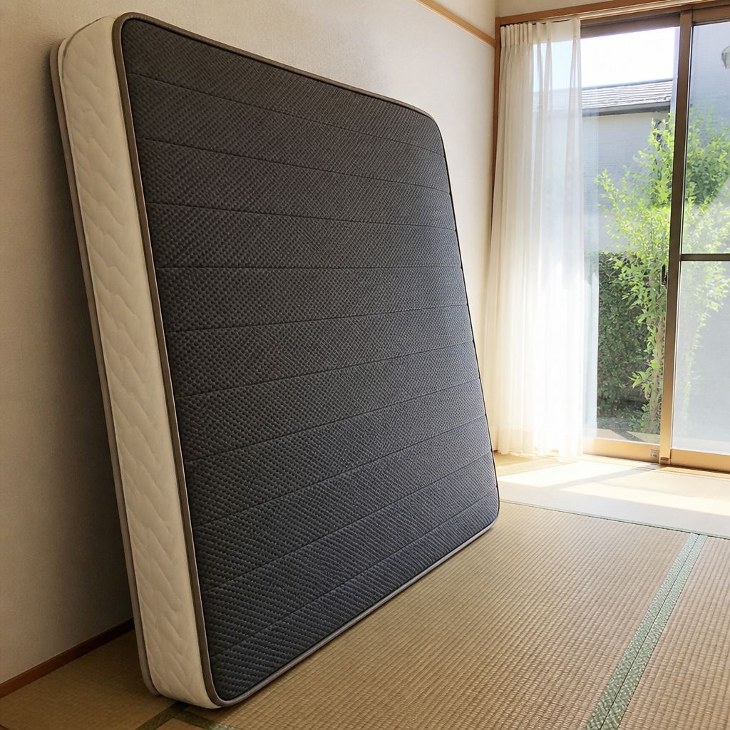 壁際に立て掛けて裏面を風に当てているマットレスの陰干し