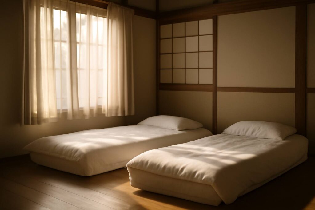 厚みのちがうマットレスが置かれた朝の明るい寝室