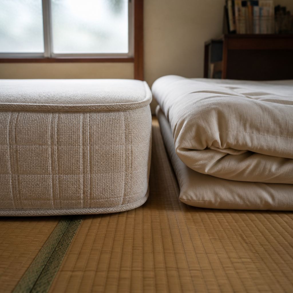 厚みのあるマットレスと畳まれた敷布団を並べた比較の様子