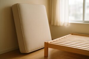 窓辺に立てかけて風を通すマットレスとすのこベッドのある寝室