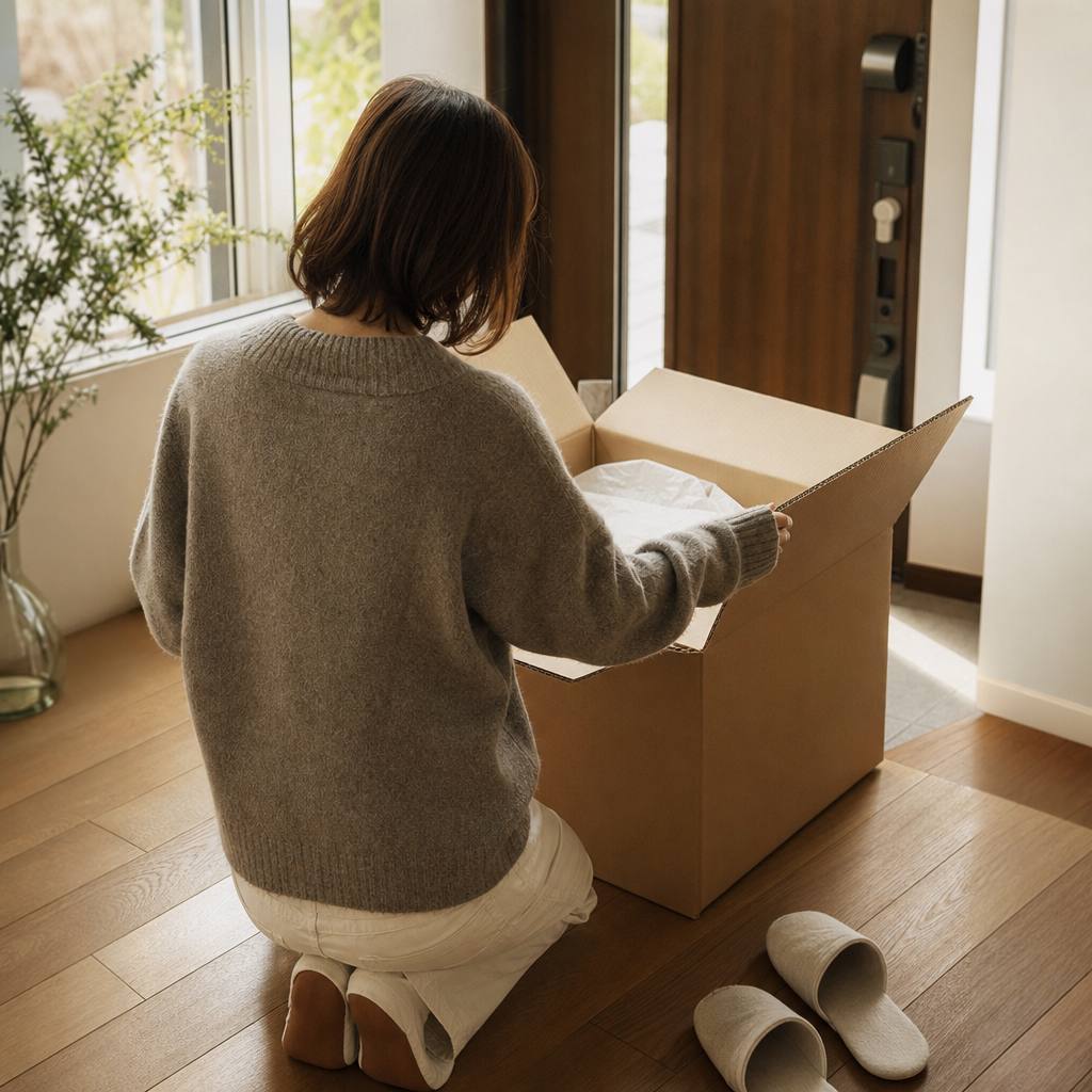 朝の光の中で、届いた大きな配送箱を開ける後ろ姿と玄関の床