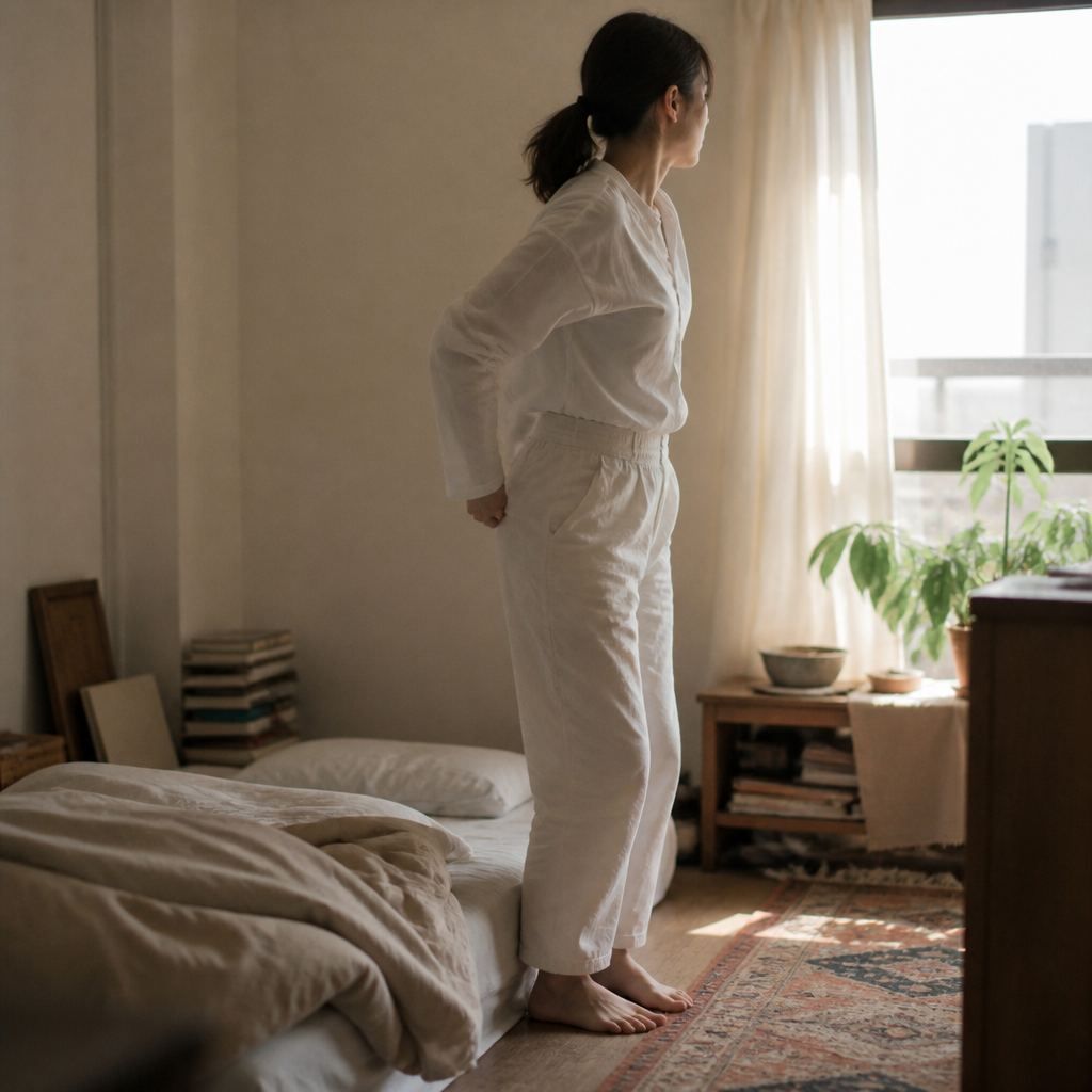 明るい寝室の床敷きマットレスから無理なく起き上がる朝の様子