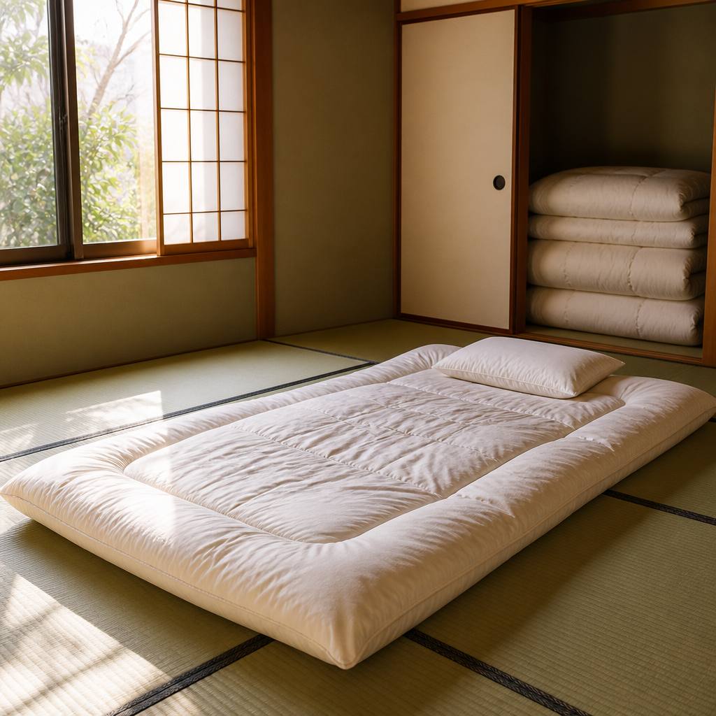 和室の床にきれいに敷かれた厚手の敷布団と、たたんで隅に重ねた布団のある朝の部屋
