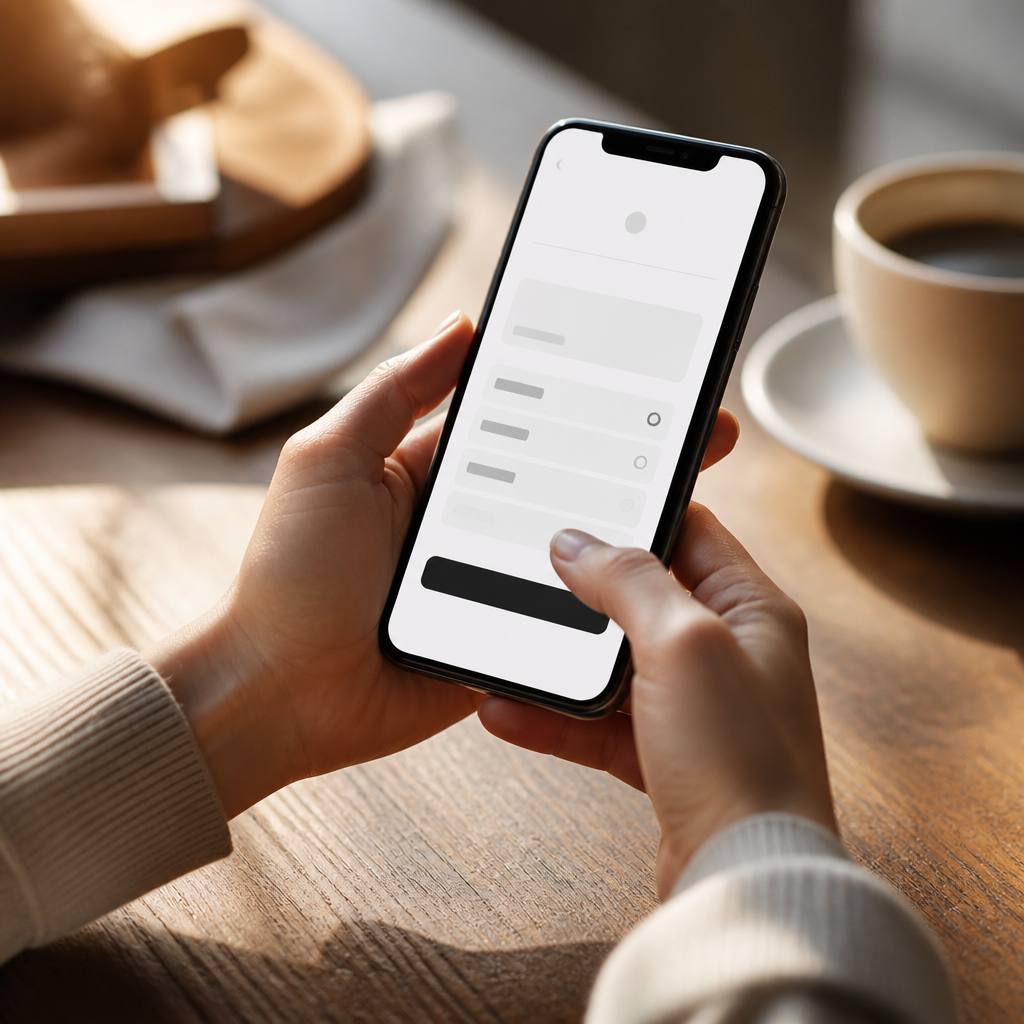 スマホで注文画面を進める手元と、コーヒーカップが置かれた木のテーブル