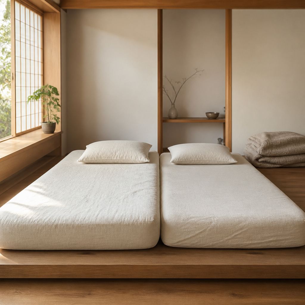 体格の違いで合う硬さが変わることを表す無地の寝具