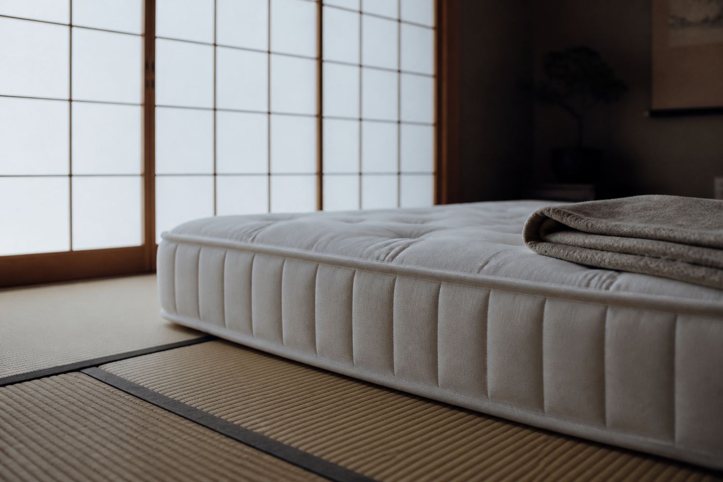 和室に敷かれた厚みのあるマットレスと朝の障子明かり