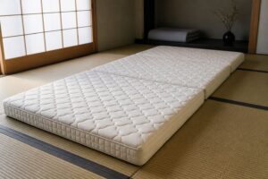 畳に敷いた三つ折りマットレスを広げた様子