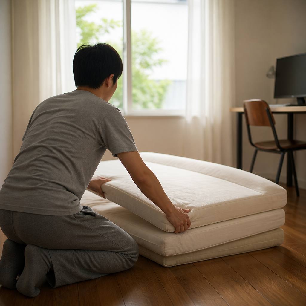 朝の部屋で三つ折りマットレスを畳む男性の後ろ姿